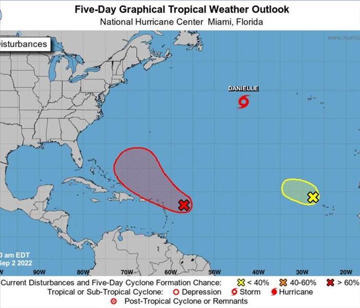 National Hurricane Center hurricane tracking image showing 3 storm systems that are being tracked in the Atlantic Ocean.